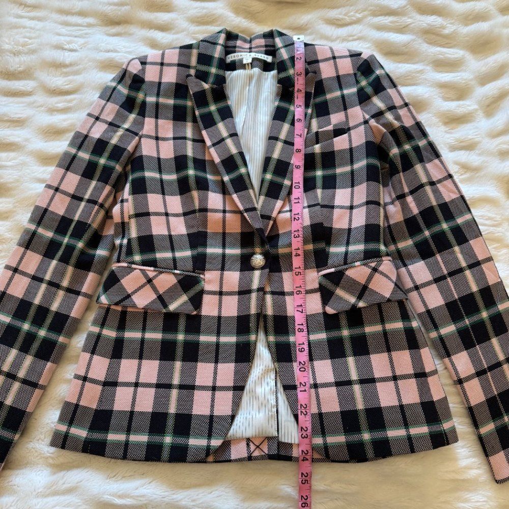 Veronica Beard Pink and Green Plaid Cutaway Dickey Blazer Jacket - Picture 8 of 11